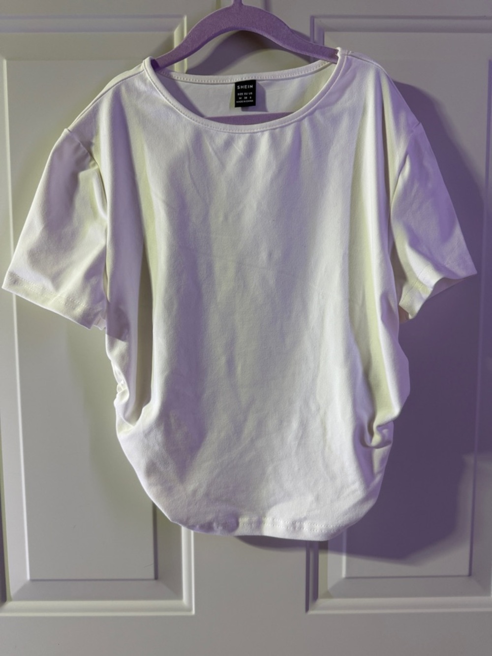 SHEIN White Scoop Neck Short Sleeve Tee with Side Ruching- medium